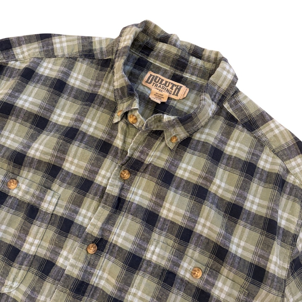Duluth Trading Co Button Up Camp Shirt Mens XL Hemp Organic‎ Cotton Plaid Green